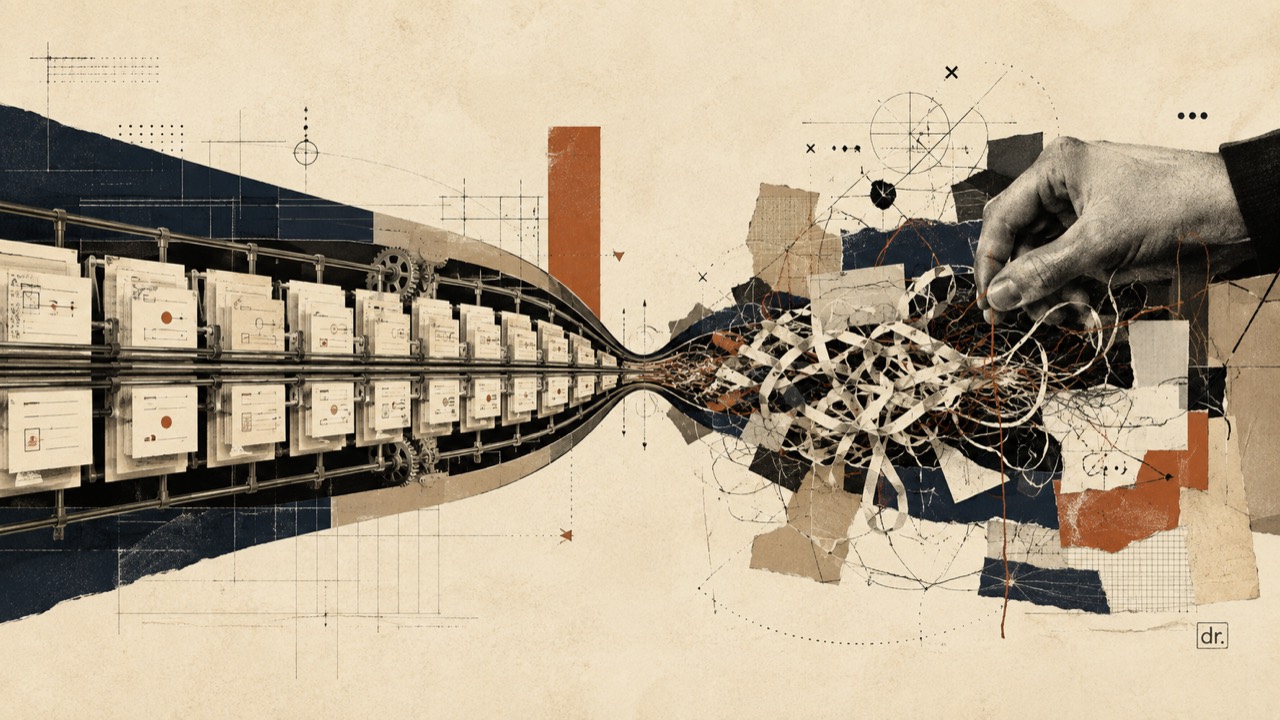 An editorial collage showing an automated card system narrowing into tangled material being handled by a human hand