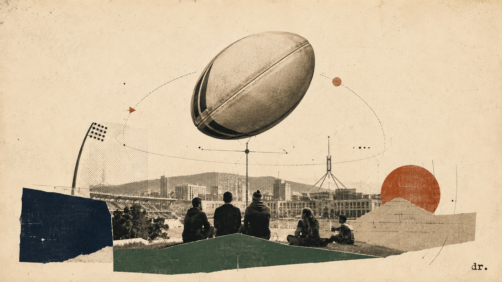 Editorial collage of a rugby league ball above Canberra, with people watching together